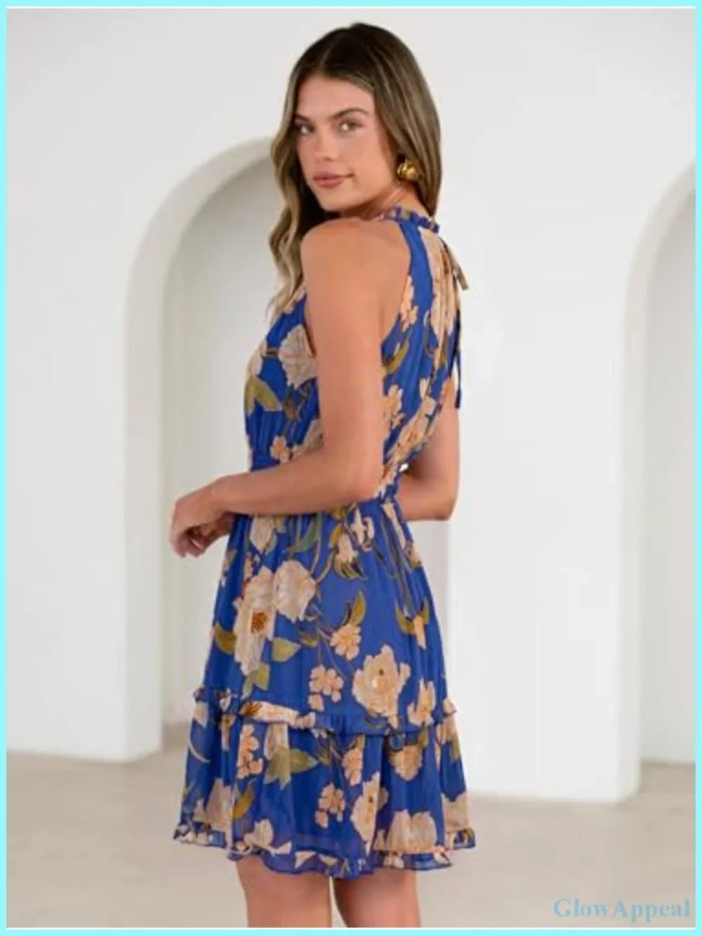 Floral Halter Neck A-Line Mini Sundress Sleeveless Tiered Boho Beach Vacation